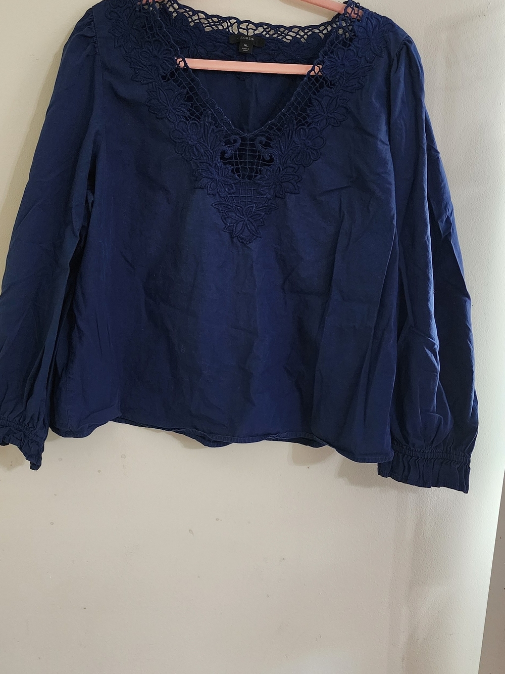 J.Crew Navy Blue Cutwork Lace Trim V-Neck Long Sleeve Blouse Size XL